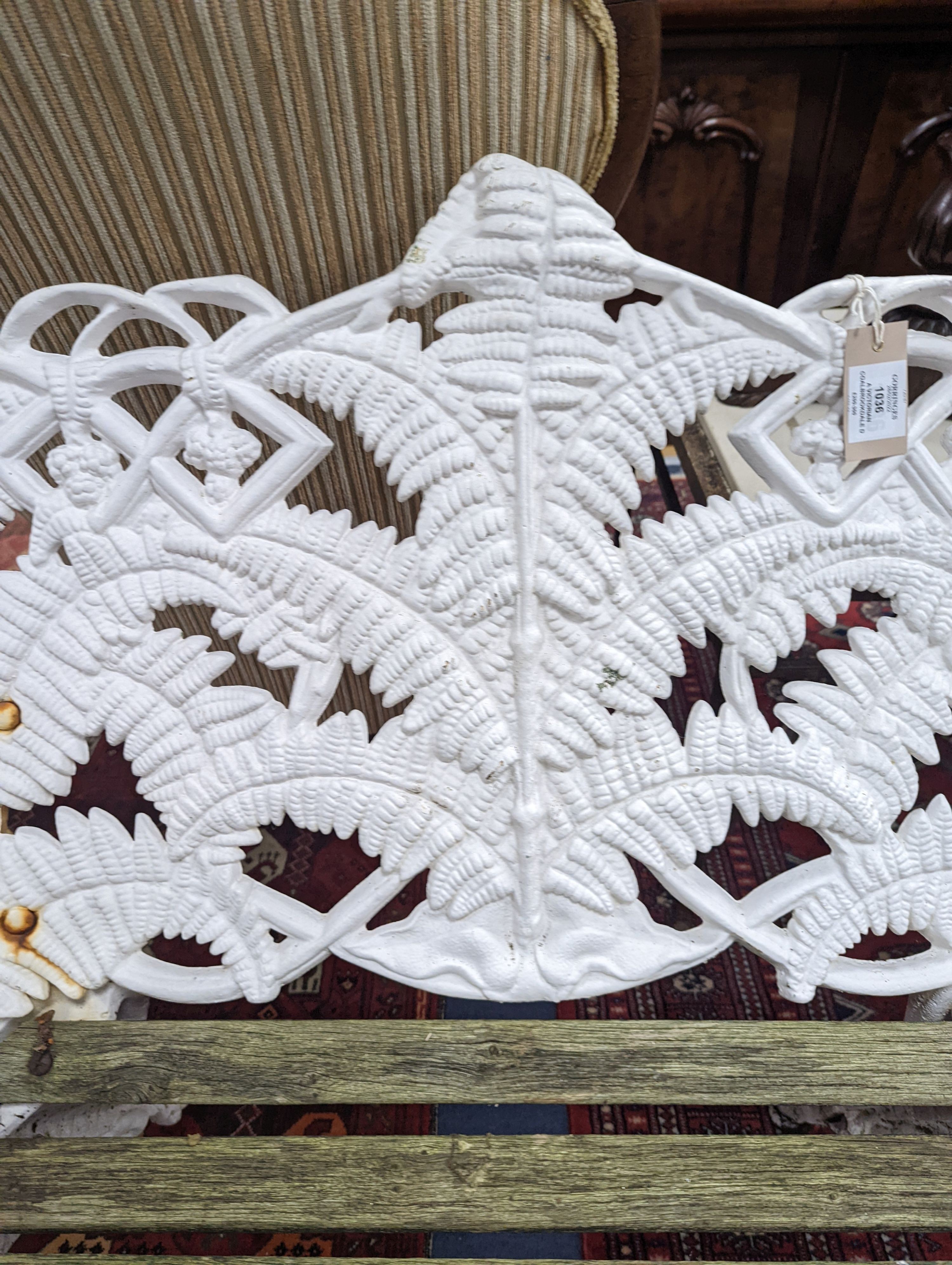 A Victorian Coalbrookdale design painted cast iron fern pattern garden bench, length 114cm, depth 44cm, height 90cm